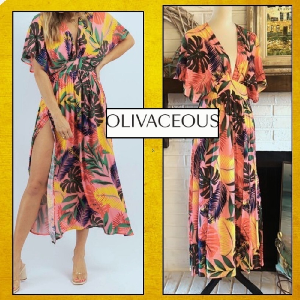 Olivaceous Vibrant Tropical Print Maxi Dress